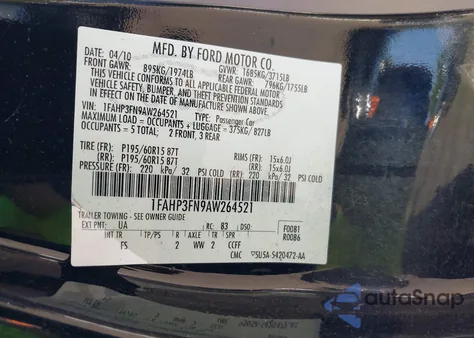 2010 Ford Focus Se z USA, uszkodzony, nr VIN 1FAHP3FN9AW264521